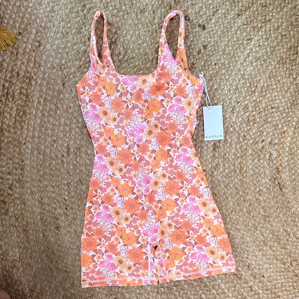 Kavala Orange & Pink Floral One-Piece Swim Romper - TAGS CUT OFF